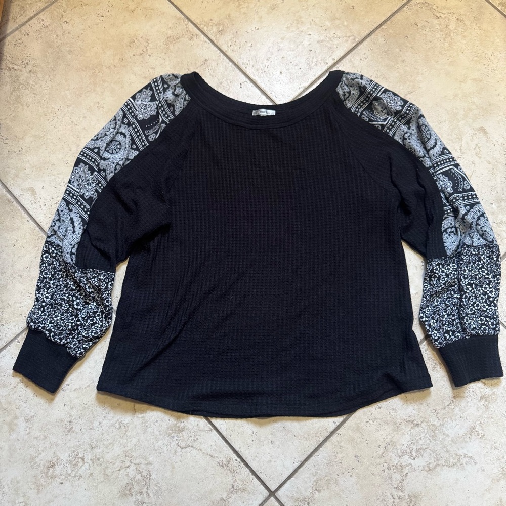 JODIFL Black Waffle Knit Top with Patterned Accent Sleeves